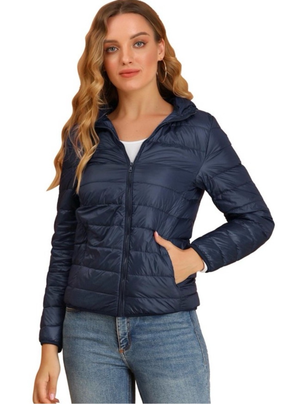 Allegra K Hooded Packable Thickened Short Down Puffer Jacket Dark Blue Sz L New